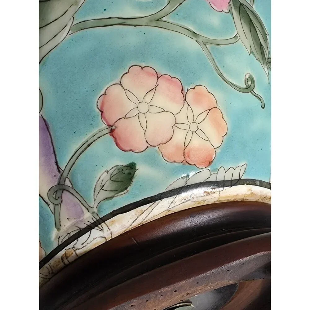 Vintage Floral Ceramic Table Lamp With Hand-Painted Bird Design On Wood Base